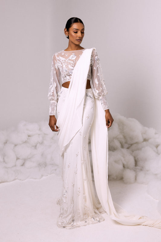 SHAWL - Saree / Sari Chiffon in Ivory